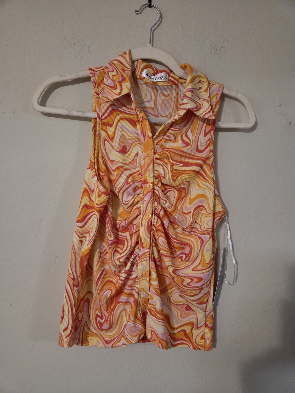 CONTROL? Swirl-Print Ruched Sleeveless Tank in Yellow & Pink